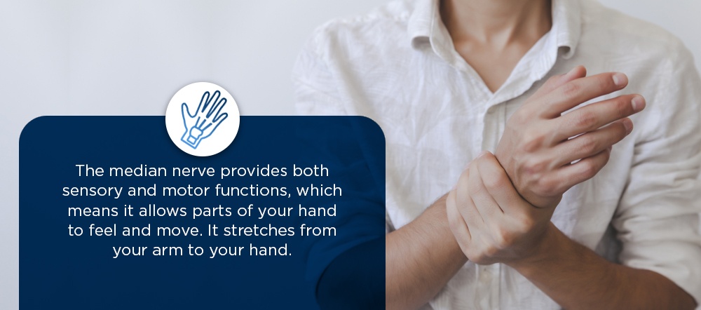 What Is Carpal Tunnel Syndrome the median nerve provides both sensory and motor functions, which means it allows parts of your hand to feel and move. It stretches from your arm to your hand.
