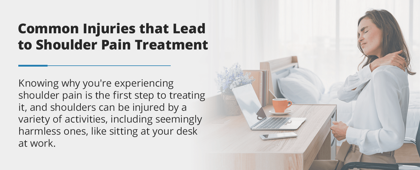 Common Injuries that Lead to Shoulder Pain Treatment woman experiencing shoulder pain